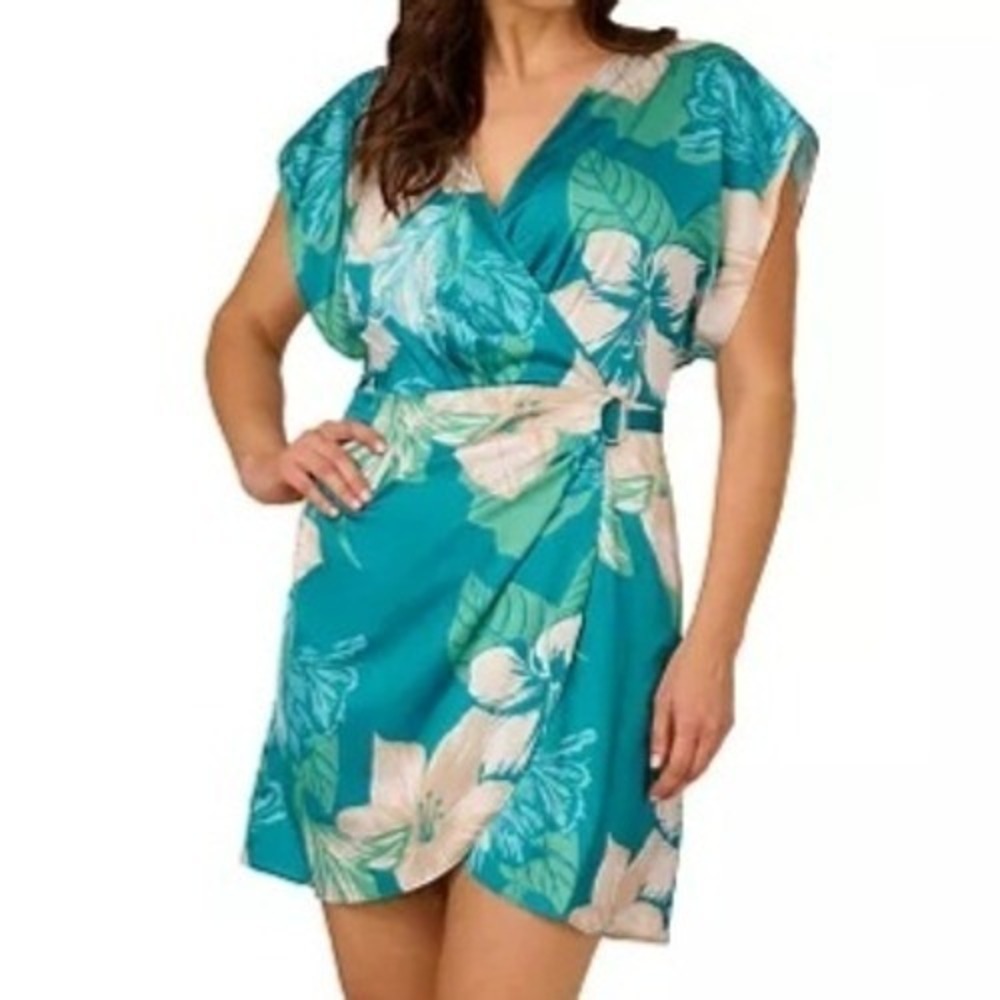 Adrianna Papell Printed Sarong Skirt Faux Wrap Blue Floral Dress Womens Size 18W